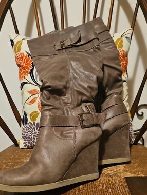 Head Over Heels Taupe Wedge Mid-Calf Boots with Buckle